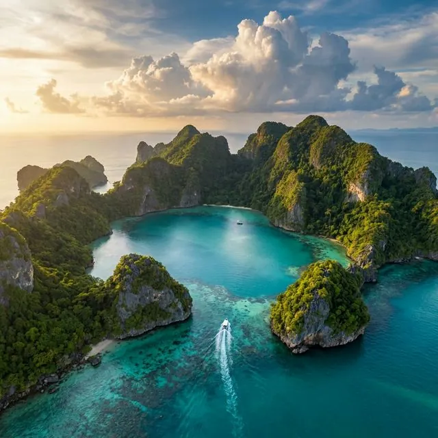 Ang Thong Marine Park aerial view with turquoise lagoons and limestone islands
