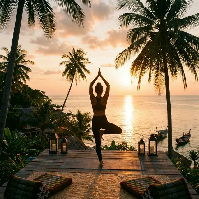 Yoga session on ocean-viewing platform at sunset with palm trees